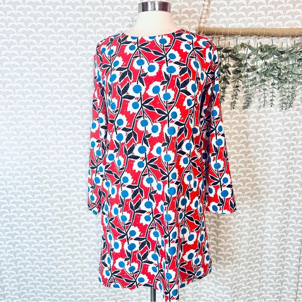 3/$22🩶 Compañia Fantastica Shift Dress 60’s Vibe Red Floral Long Sleeve Small